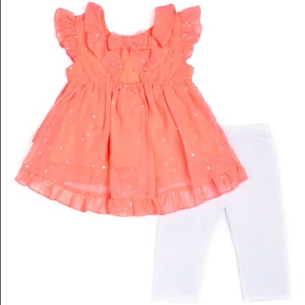 Little Lass Coral Babydoll Top & White Leggings - Picture 2 of 3